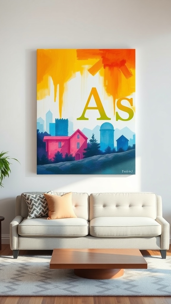 Colorful oversized canvas art featuring a whimsical landscape above a beige couch with decorative pillows.