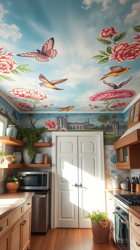 A kitchen with a beautifully painted mural on the ceiling featuring butterflies, flowers, and a blue sky.