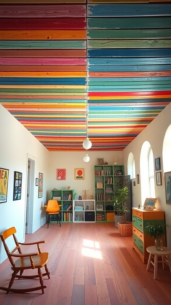 Room with a colorful painted wood ceiling and light wooden floor.