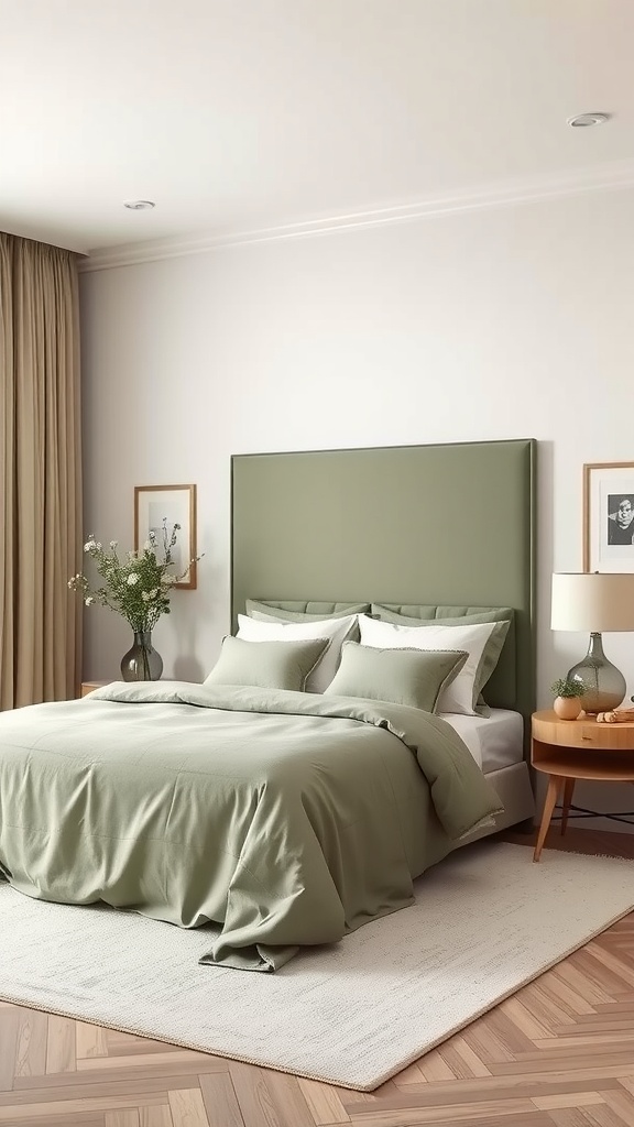 A stylish sage green bedroom featuring soft bedding, neutral curtains, and wooden furniture.