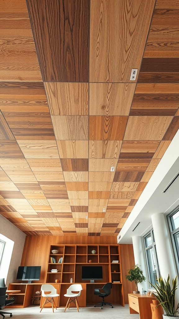 A wooden ceiling with a checkerboard pattern made from different shades of wood.