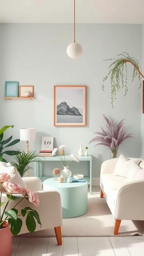 A cozy living room with pastel color palettes, featuring light blue walls, white sofas, and a mint coffee table.