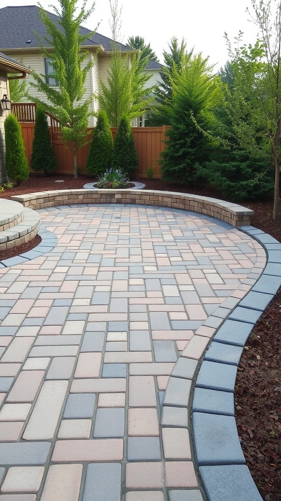 Paver patio with curved edging and varied colors