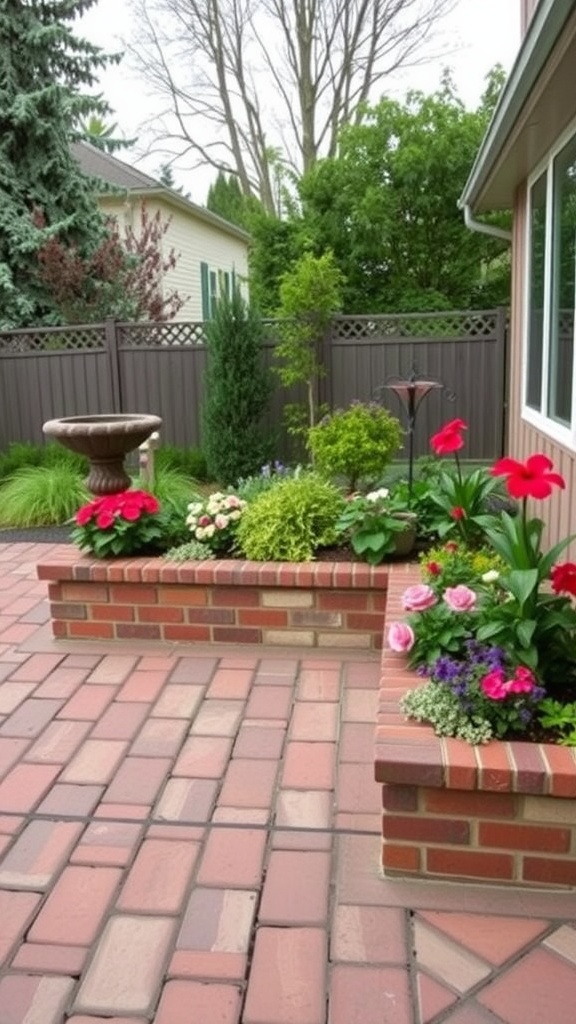 A paver patio featuring built-in planters filled with colorful flowers.