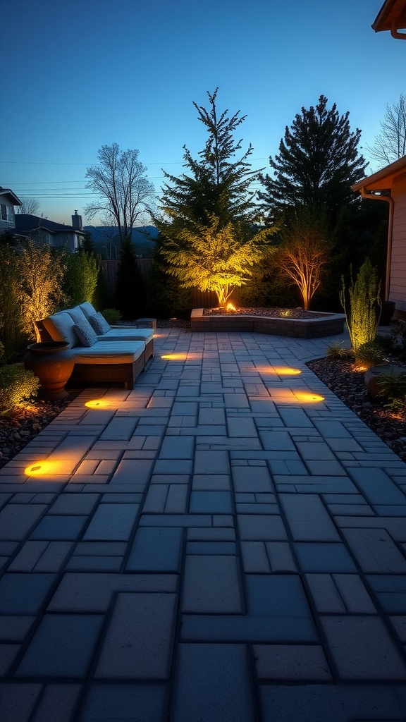 Paver patio at dusk with integrated lighting showcasing a cozy outdoor setting.