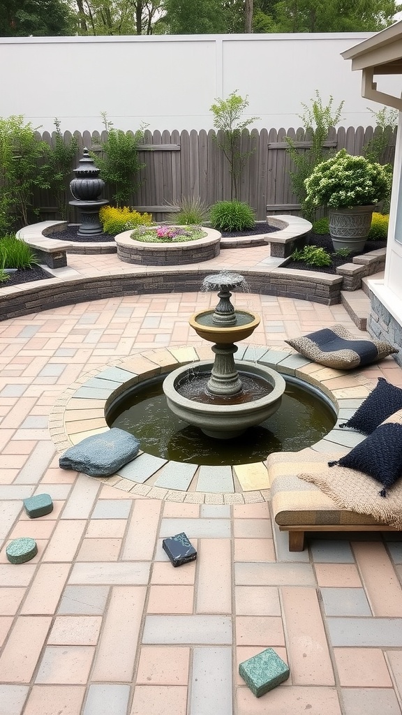 A paver patio featuring a circular fountain, comfortable seating, and surrounding greenery.