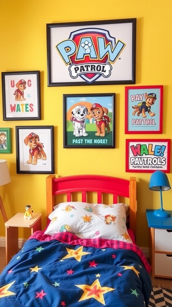 Paw Patrol themed bedroom with colorful posters and bedding