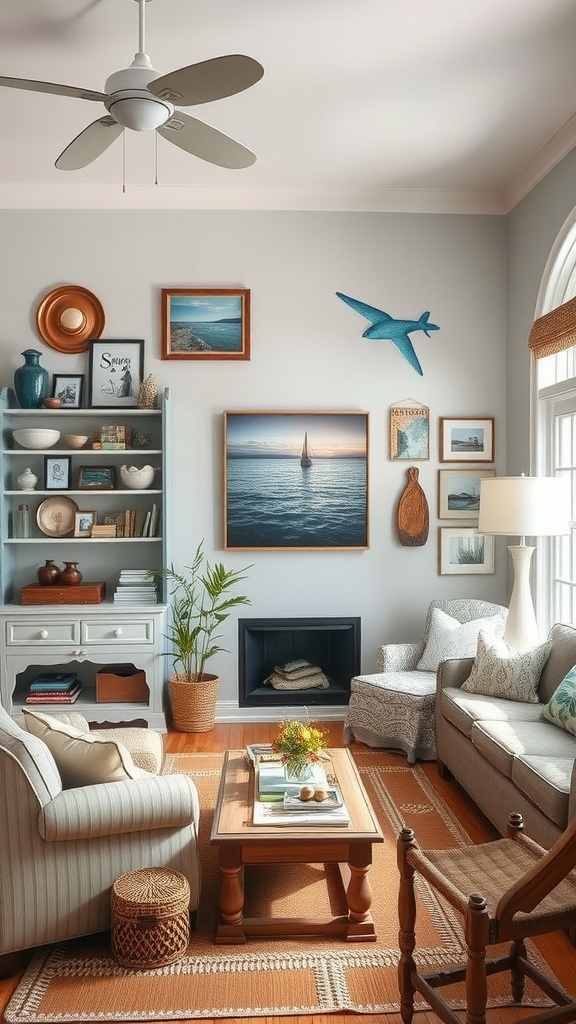 A cozy coastal living room with light colors, framed pictures, and beach-themed decor.