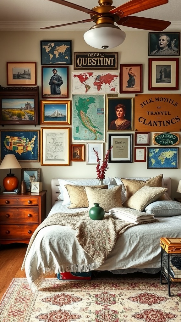 An eclectic bedroom with a wall filled with framed art, maps, and travel collectibles, showcasing personal touches.