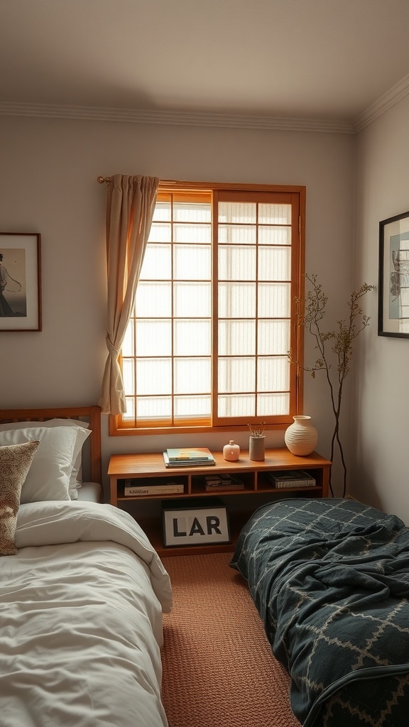 A serene Japandi-style bedroom with wooden furniture, soft bedding, and natural light.