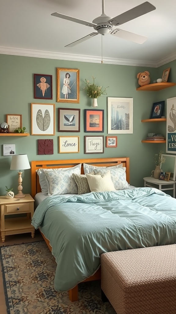 A sage green bedroom featuring a cozy bed, wooden furniture, and a gallery wall with various artworks.