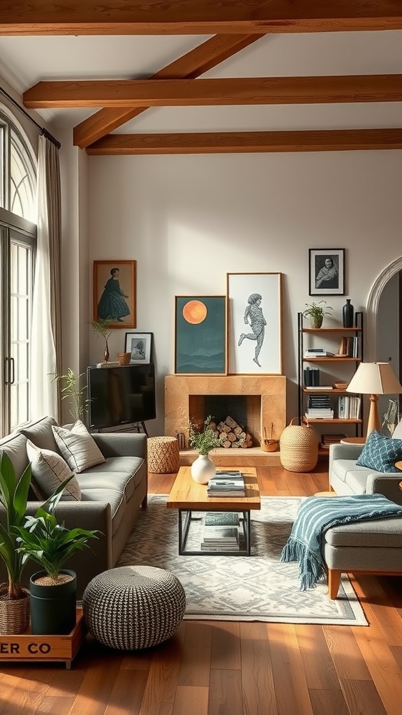 A cozy organic modern living room with wooden beams, comfortable furniture, and personal art pieces.