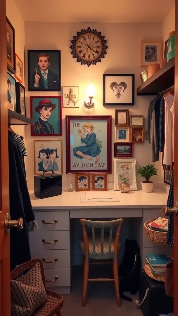 A small dressing room featuring various framed artworks, a desk, and a plant, creating a cozy and personalized atmosphere.