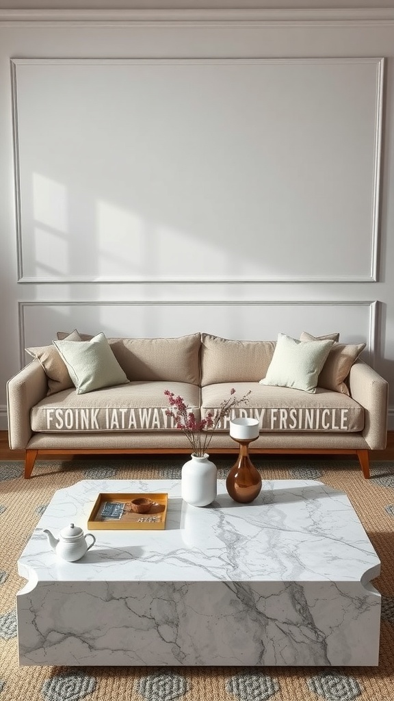 A stylish marble coffee table with decorative items in a cozy living room setting.