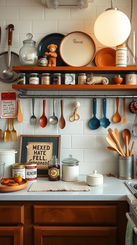 A cozy kitchen with colorful utensils and personalized accessories on display.