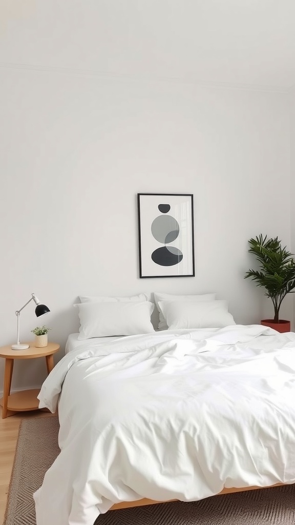A minimalist bedroom featuring a large bed with white linens, a geometric art piece on the wall, a small lamp, and a potted plant.