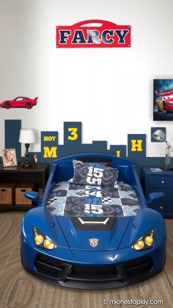 A blue car bed in a boy's bedroom with personalized elements.