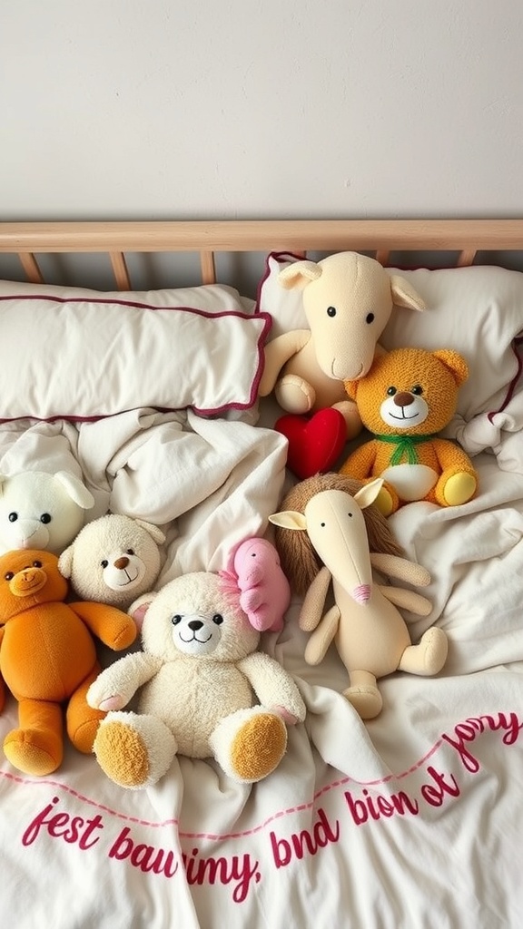 A cozy bed with various colorful stuffed animals arranged on white bedding.