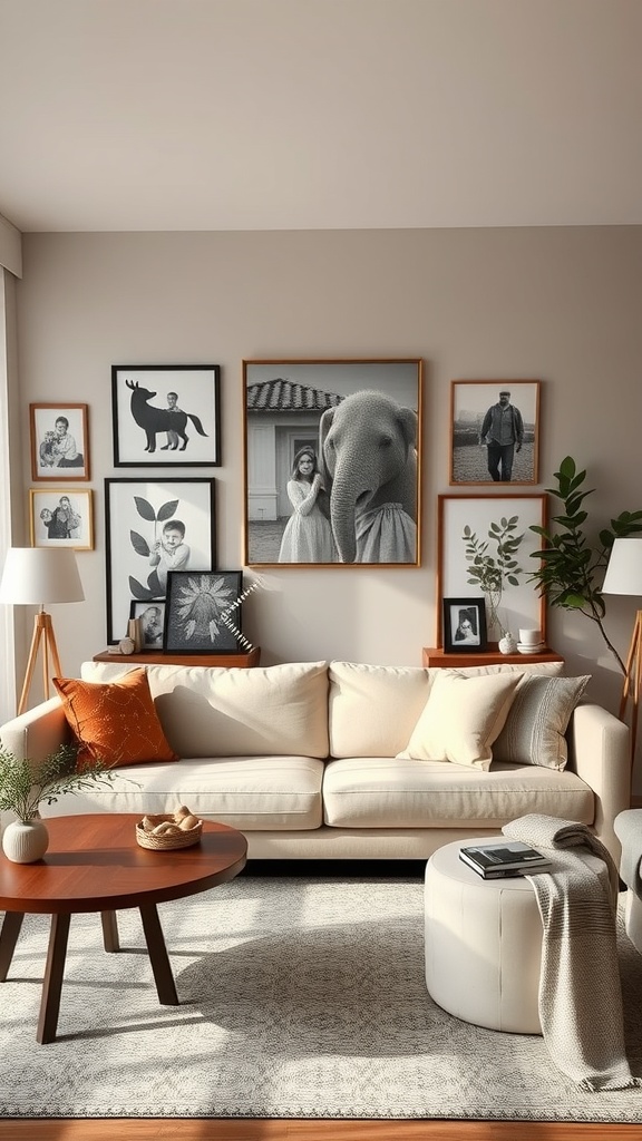 A stylish living room featuring personalized decor with a cozy sofa, wooden coffee table, and framed wall art.