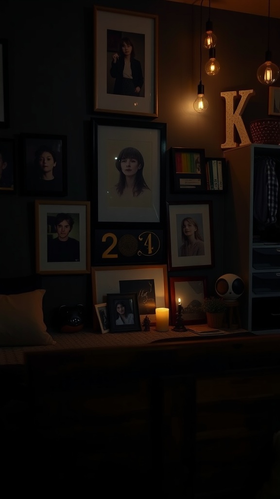 A dark cozy bedroom with personalized decor including framed photos, candlelight, and unique decorative items.