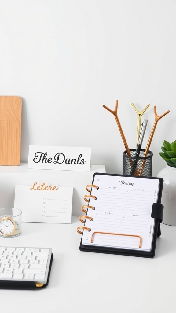 A stylish home office desk with personalized accessories, a planner, and decorative items