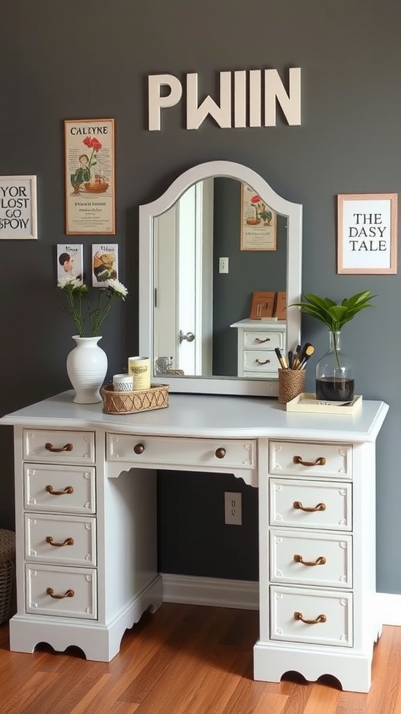 A white vanity with a mirror, drawers, and decorative wall art.
