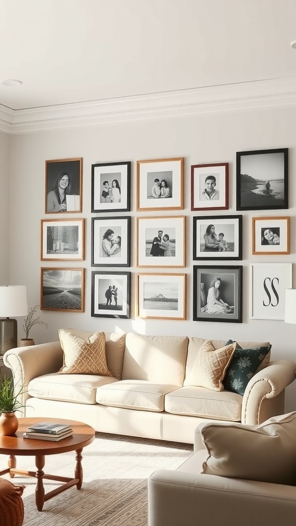 A modern farmhouse living room with a gallery wall of framed family photos above a cream-colored sofa.