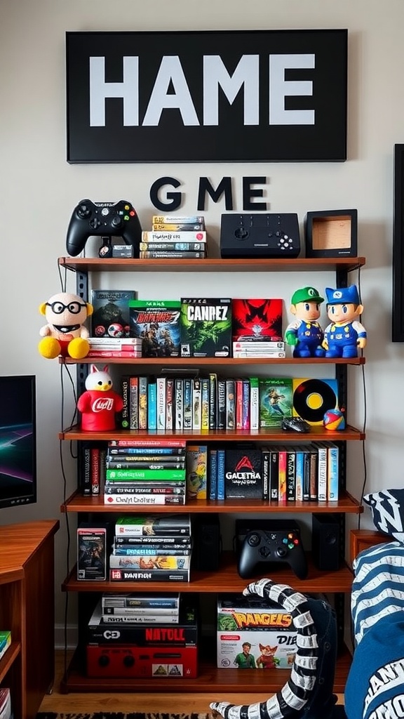 A personalized game shelf with games, consoles, plush toys, and a sign that reads 'GAME'.