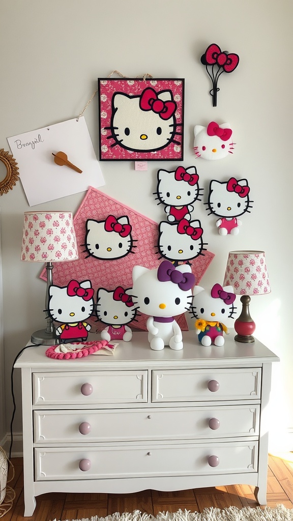 A cozy Hello Kitty-themed bedroom with plush toys and wall art.