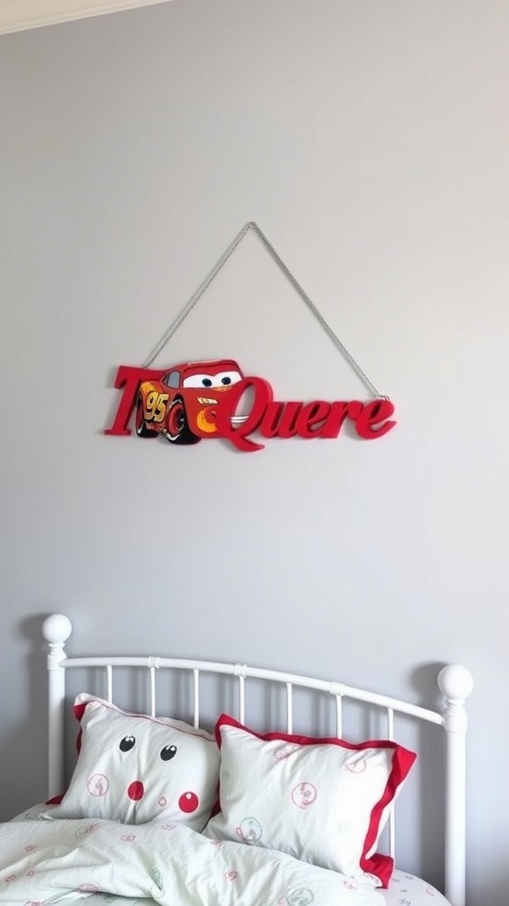 Personalized Lightning McQueen name sign hanging on a wall above a bed