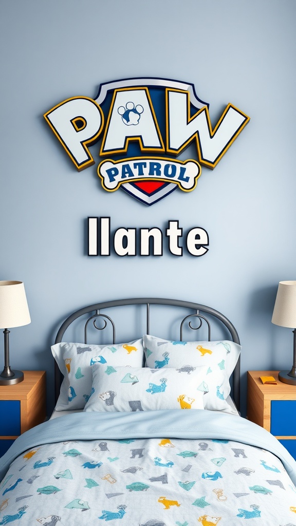 A Paw Patrol themed bedroom with the name 'Ilante' on the wall and a bedspread featuring colorful dog designs.