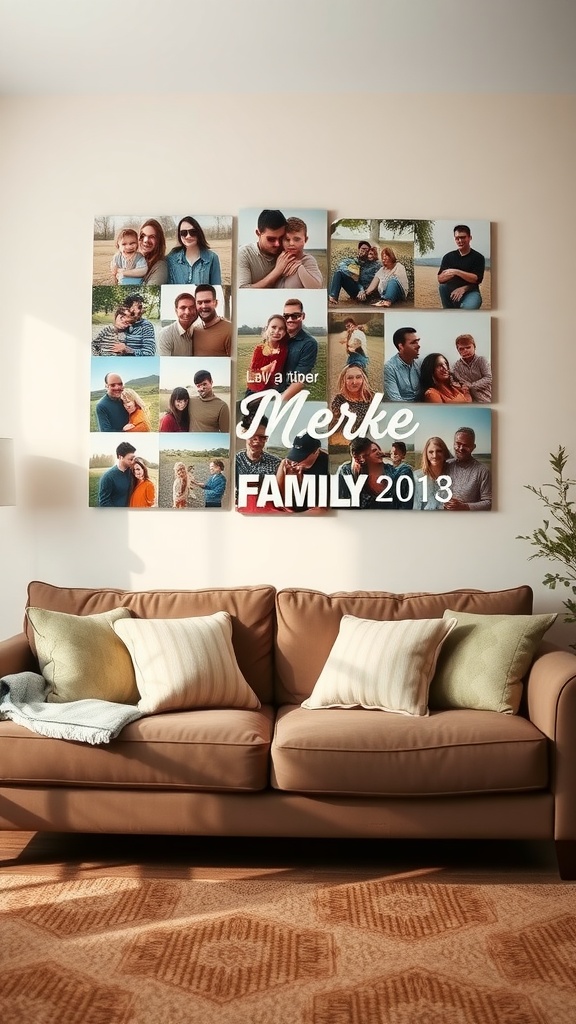 A personalized photo collage featuring family pictures above a couch, with the text 'Merke Family 2018' displayed prominently.