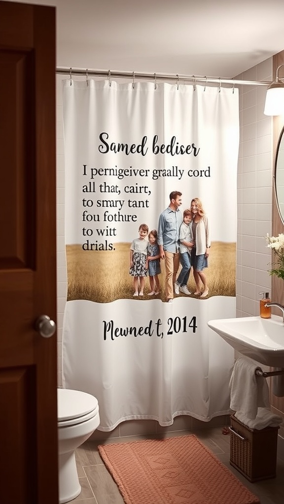 A personalized shower curtain featuring a family photo and text.