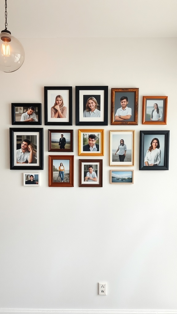 A chic wall display of framed photos in various styles, showcasing personal memories in a girly apartment.