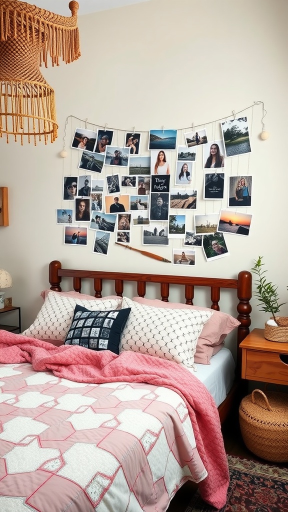 A bohemian-style bedroom with a wall display of various photographs above the bed.