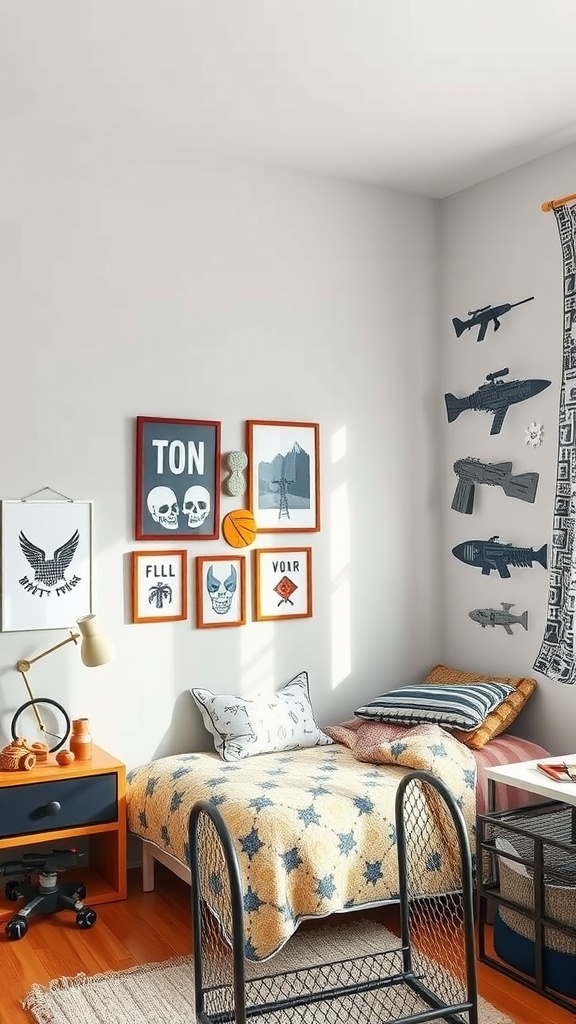 A shared boys bedroom featuring personalized decor, unique bedding, and organized storage.