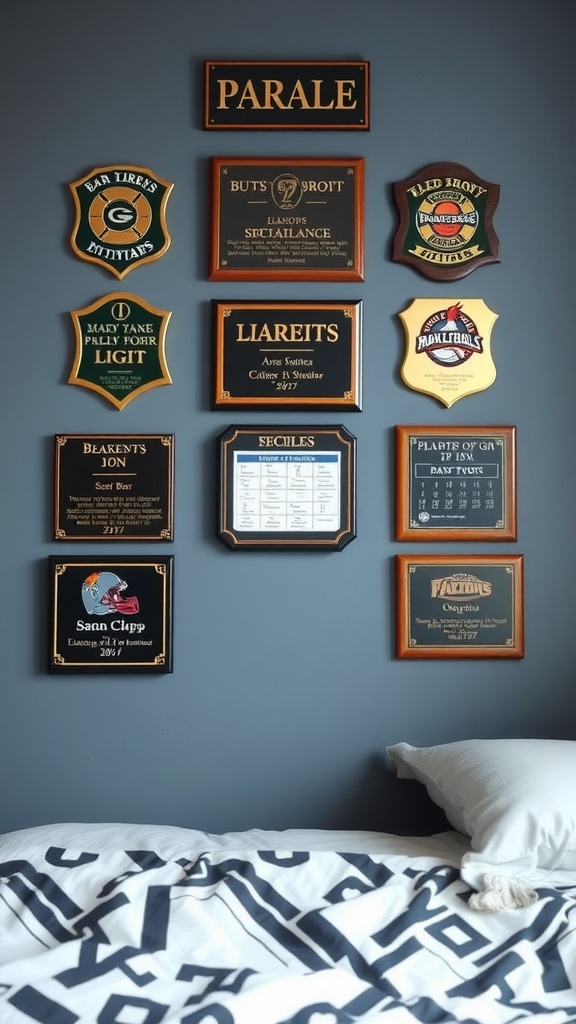 A collection of personalized sports plaques hanging on a wall above a bed, showcasing various sports achievements.