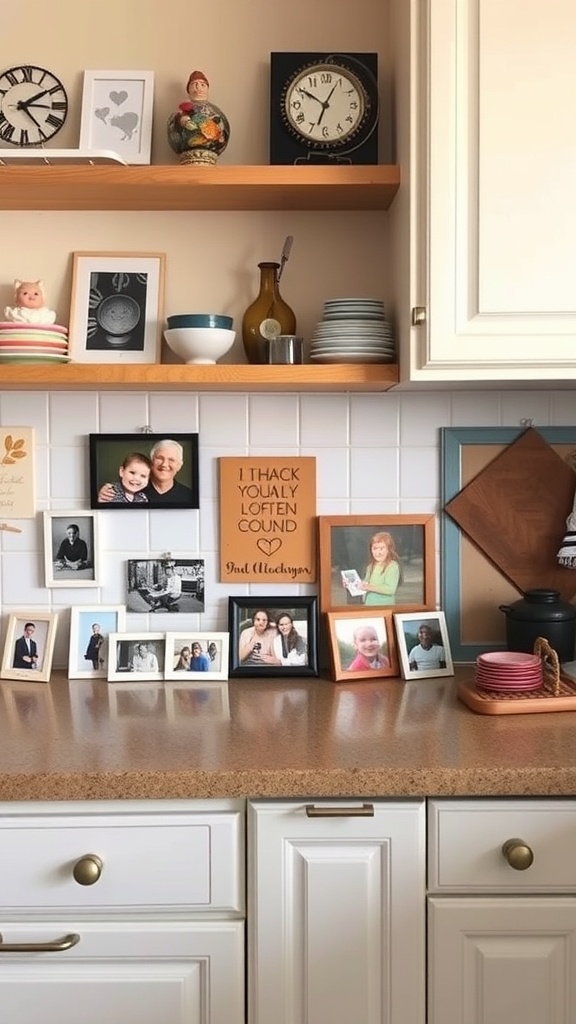 A kitchen counter styled with family photos, decorative items, and a meaningful quote.