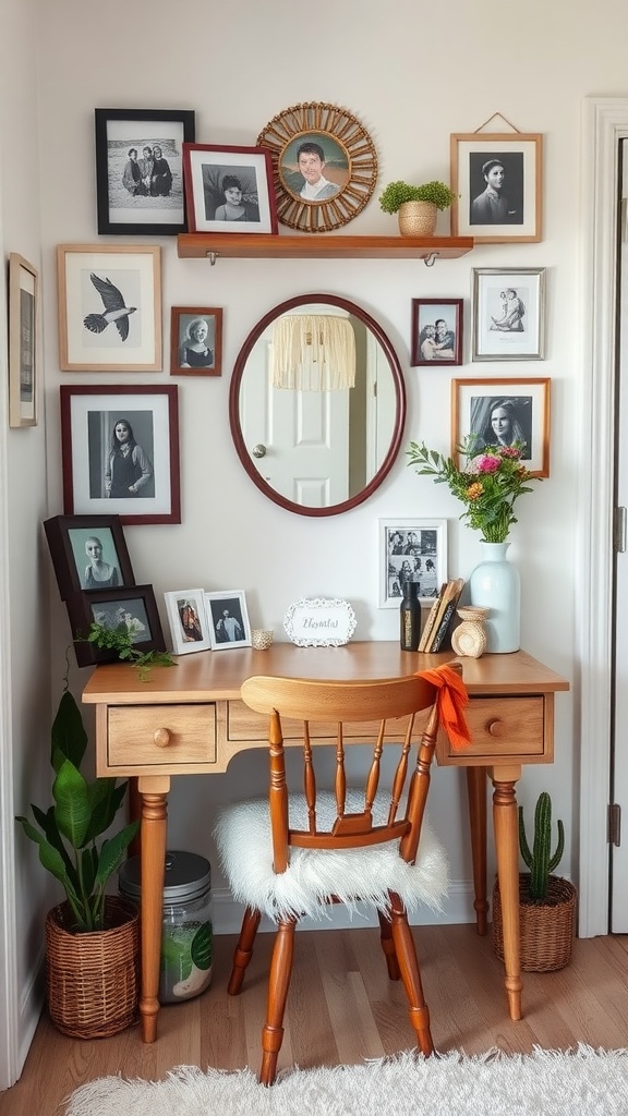A cozy vanity area featuring a wooden desk with framed photos, a round mirror, plants, and a colorful bouquet.