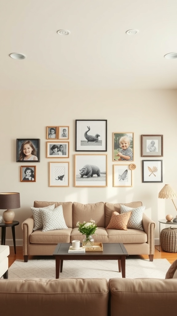 A cozy beige living room featuring a personalized wall art display with framed photos and artwork.