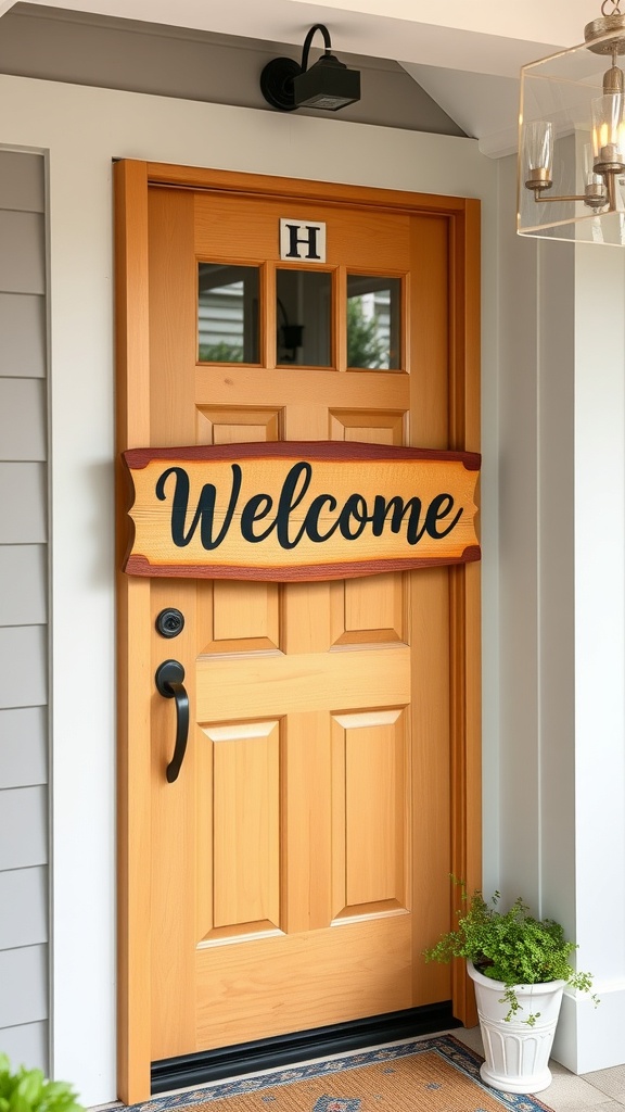 A front door with a wooden welcome sign and a potted plant