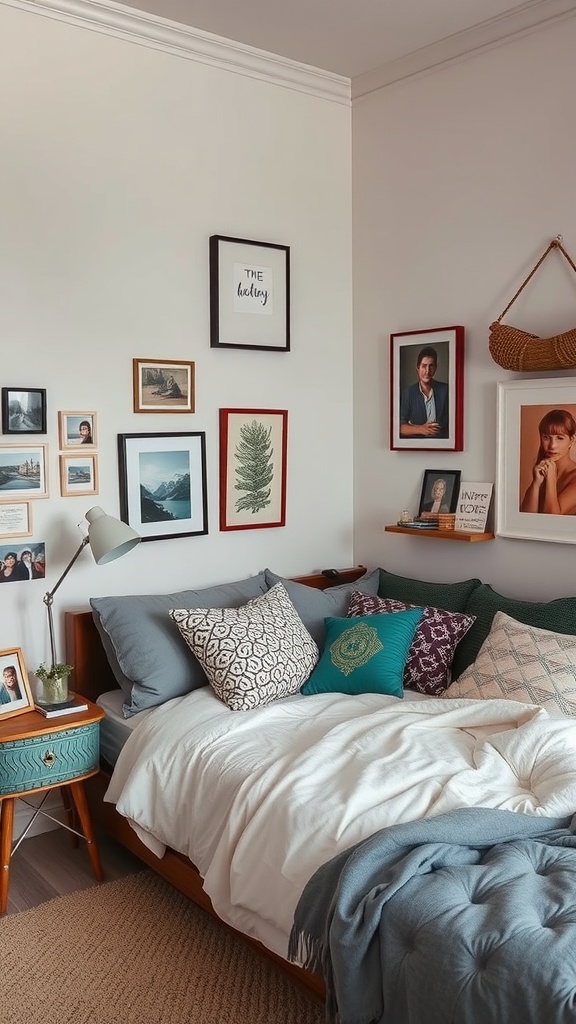 Cozy corner bed setup with colorful pillows, framed photos on the wall, and a bedside table with a plant and lamp.