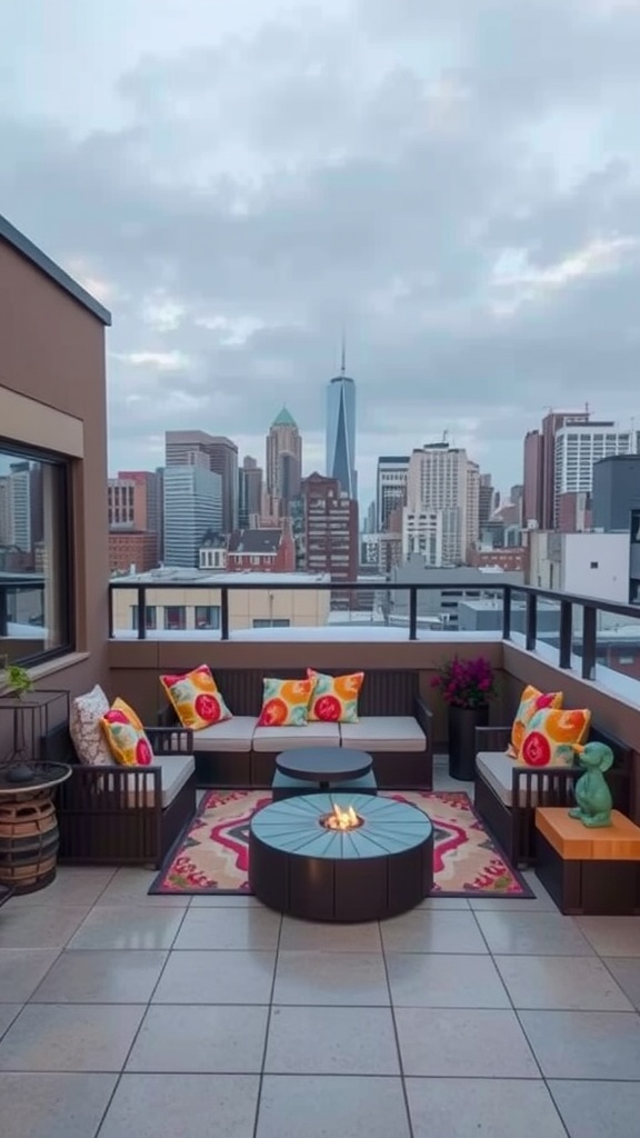 A stylish rooftop patio with colorful decor, a fire pit, and a city skyline in the background.