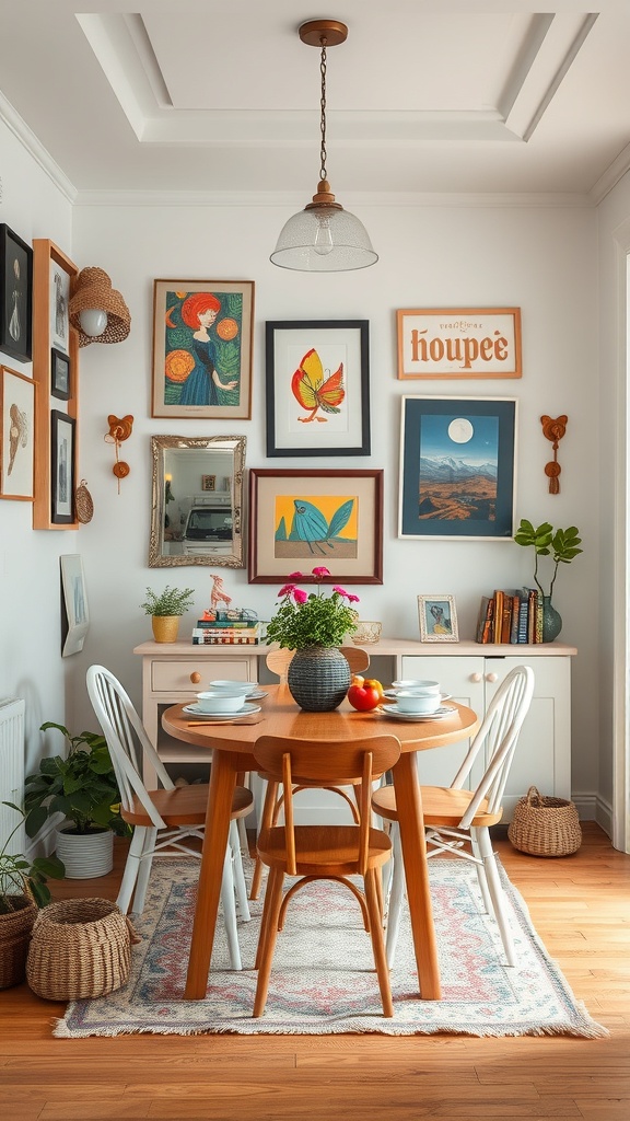 A cozy small dining room with a round wooden table, white chairs, and eclectic wall art.