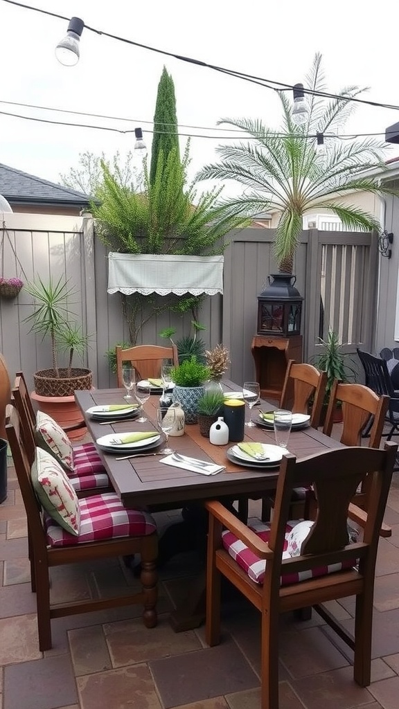 Outdoor dining area with wooden table and chairs, decorated with cushions and plants