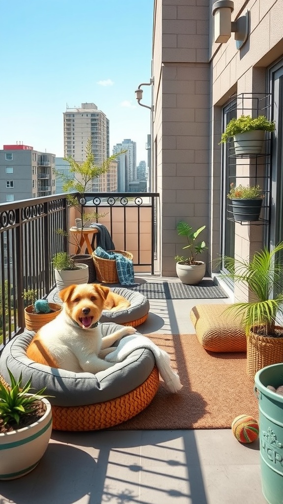 A sunny balcony with a happy dog resting on a comfortable bed surrounded by plants and toys.