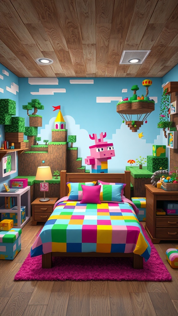 A Minecraft-themed bedroom with colorful walls, a bright checked bedspread, and playful decor.