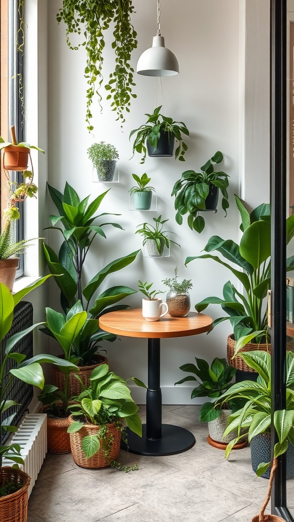 A cozy coffee corner decorated with various indoor plants around a small wooden table.