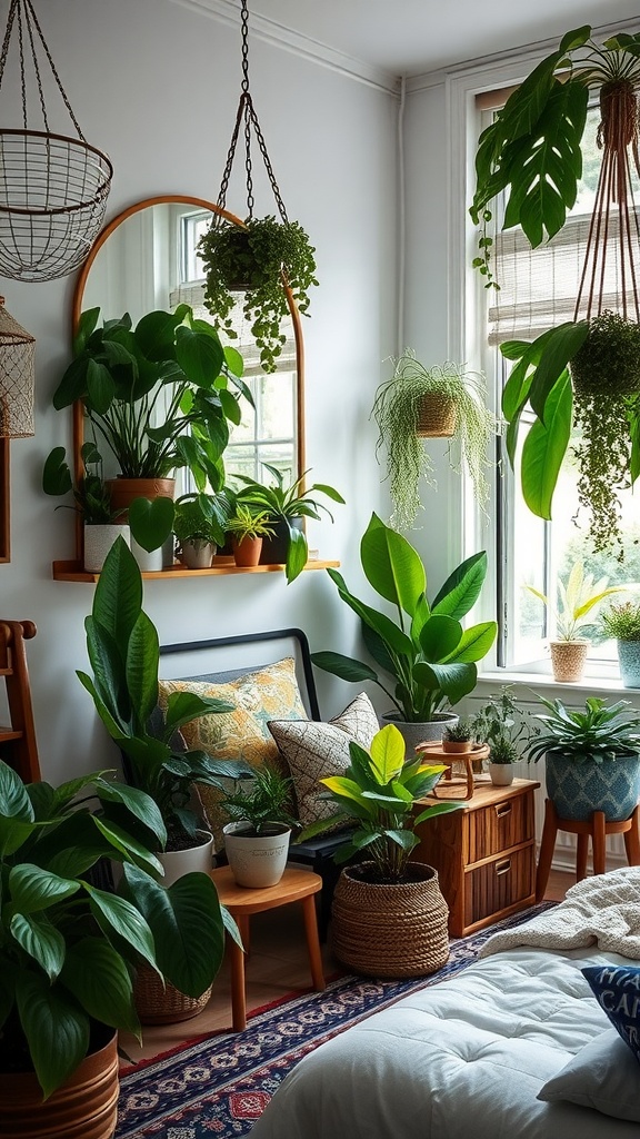 A cozy bedroom filled with various indoor plants, showcasing an eclectic style with a soft bed and warm wooden furniture.