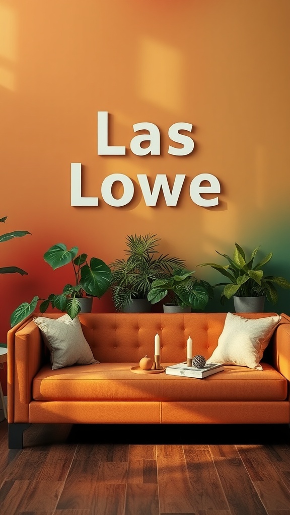 A vibrant orange sofa with greenery in the background and decorative items on the table.